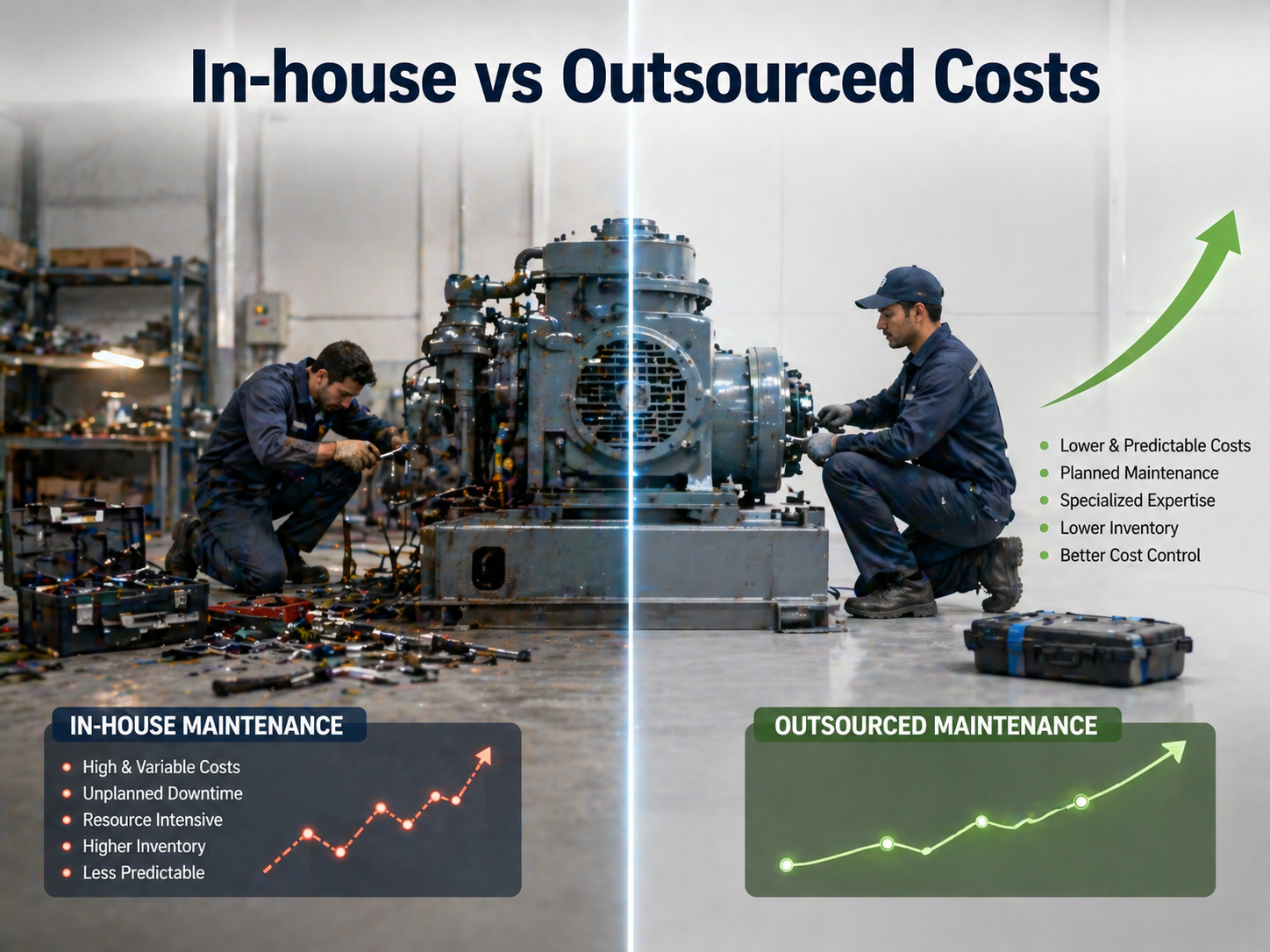 Can you analyse the cost behaviour between in-house and outsourced equipment maintenance?